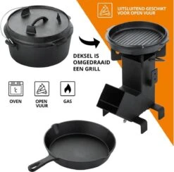Dutch Mountains Gietijzeren Pannenset 7-delig - Dutch Oven – Braadpan - Grillpan - Hapjespan - Kookset In Houten Transportkist - Deksellifter - Brander -Keukengrill Winkel 1200x1185