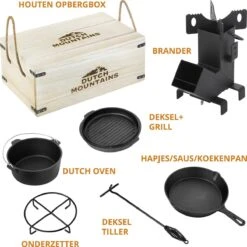 Dutch Mountains Gietijzeren Pannenset 7-delig - Dutch Oven – Braadpan - Grillpan - Hapjespan - Kookset In Houten Transportkist - Deksellifter - Brander -Keukengrill Winkel 1200x1200 376