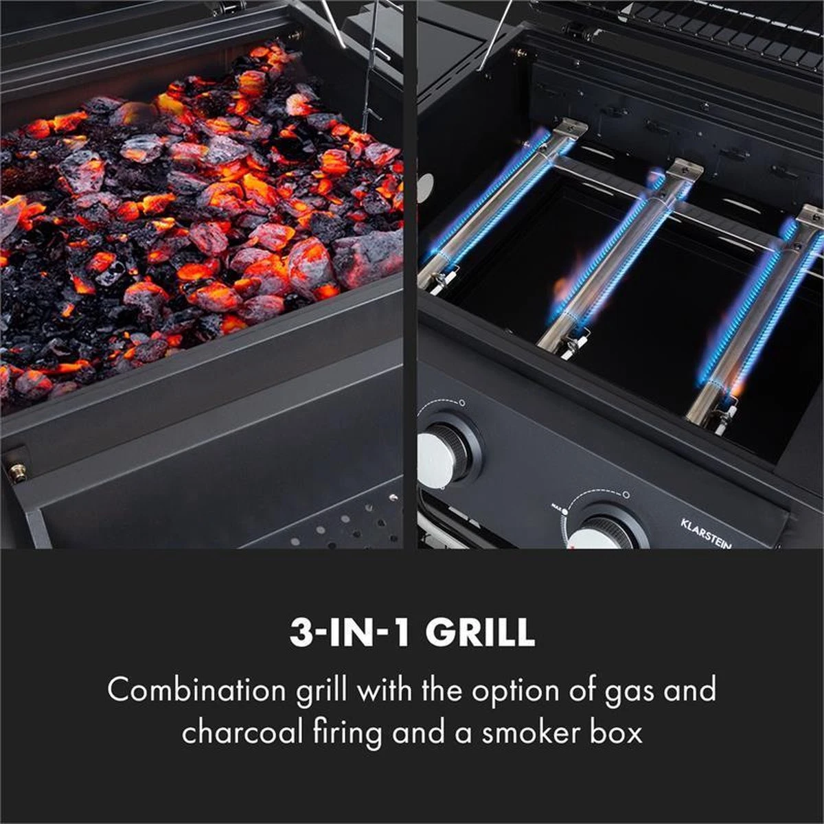 Klarstein Kingsville Double Barbecue - Houtskool- En Gasbarbecue - Smoker BBQ - Inclusief Deksels En Thermometer - Met 2 Roosters - Zwart 8 Klarstein Kingsville Double Barbecue - Houtskool- En Gasbarbecue - Smoker BBQ - Inclusief Deksels En Thermometer - Met 2 Roosters - Zwart - Afbeelding 6
